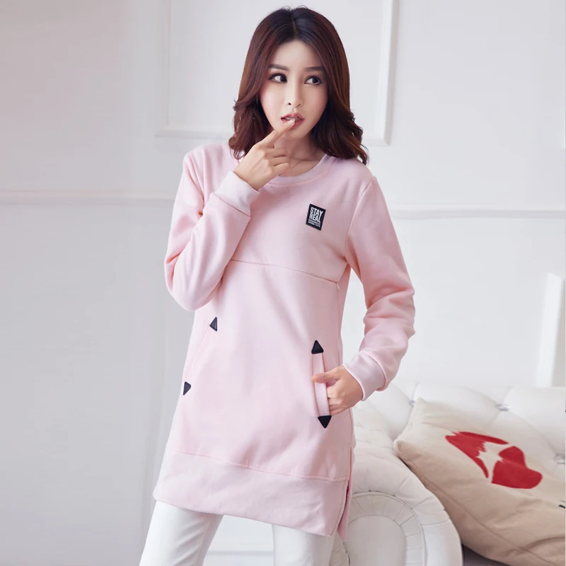 Maternity Tee Shirts Loose Nursing Clothes Tops for Pregnant Breastfeeding T-Shirt with Pockets Pregnancy Clothing B0319