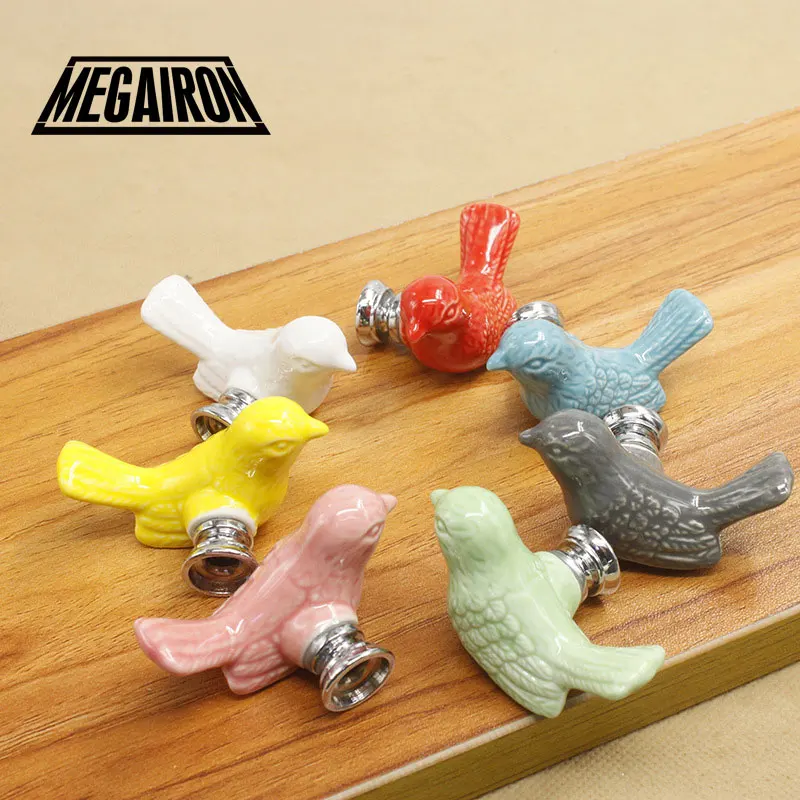 

MEGAIRON Ceramic Bird Drawer Knobs Children Room Cupboard Cabinet Handles Color Fashion Pull Handle With Screws
