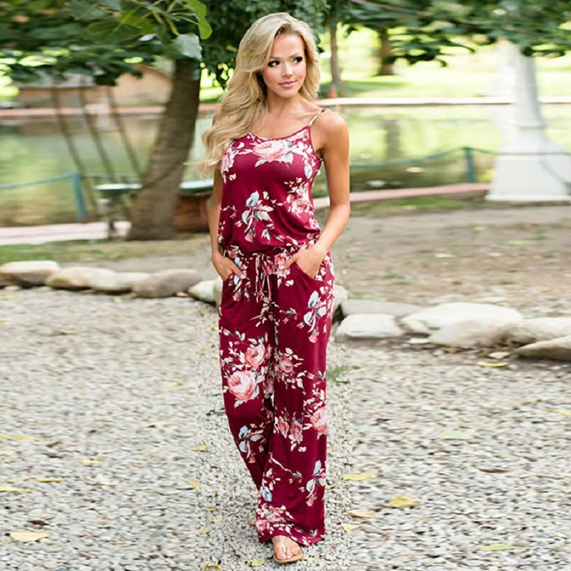 

Long Jumpsuits For Women 2018 O Neck Print Long Rompers Women Jumpsuits Spring Summer New Sleeveless Womens Bodysuits Female