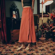 Шифоновая Оранжевая женская длинная юбка с оборками, с высокой талией, с бантом, с разрезом, асимметричные макси юбки для женщин, женская офисная одежда на весну и лето