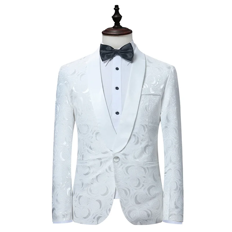 Mens White Floral One Button Suits Party Wedding Groom Tuxedos Groomsmen 2 Piece Suit (Jacket + Pants) Male Costume Mariage Homme mens suit