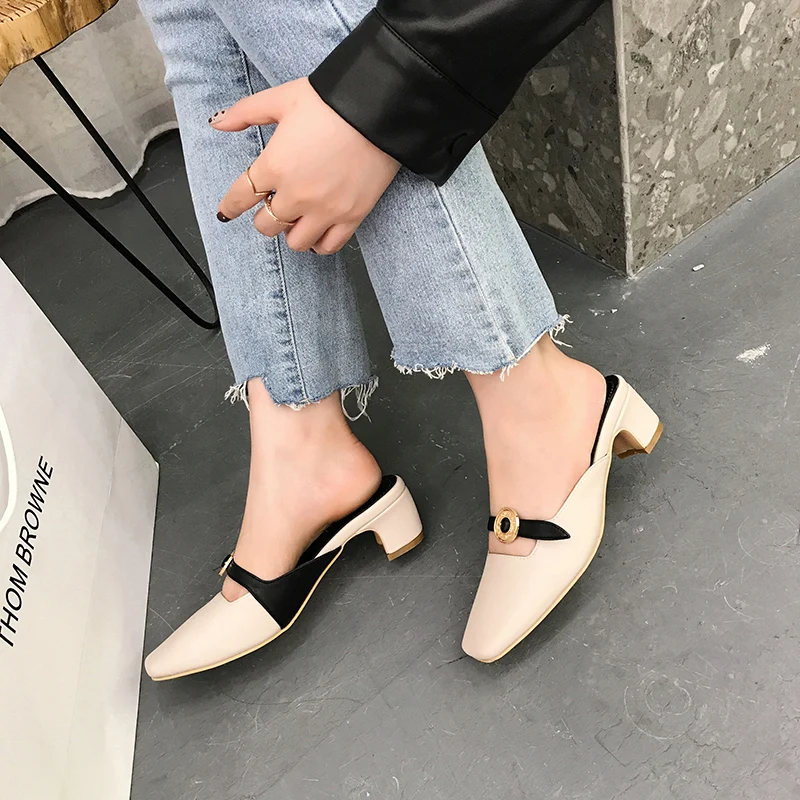 

leather heels Mules Woman metal buckle Slip on Slides square toe Shoes chunky heel sandals Ladies zapatos mujer black apricot