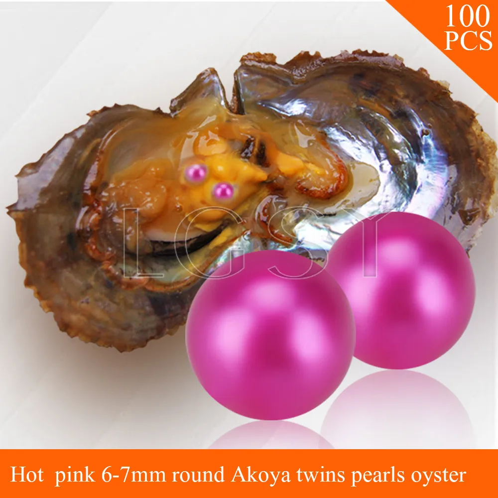 

LGSY Bead Hot pink 6-7mm round Akoya twin pearls in oysters with vacuum package for women jewelry making 100pcs