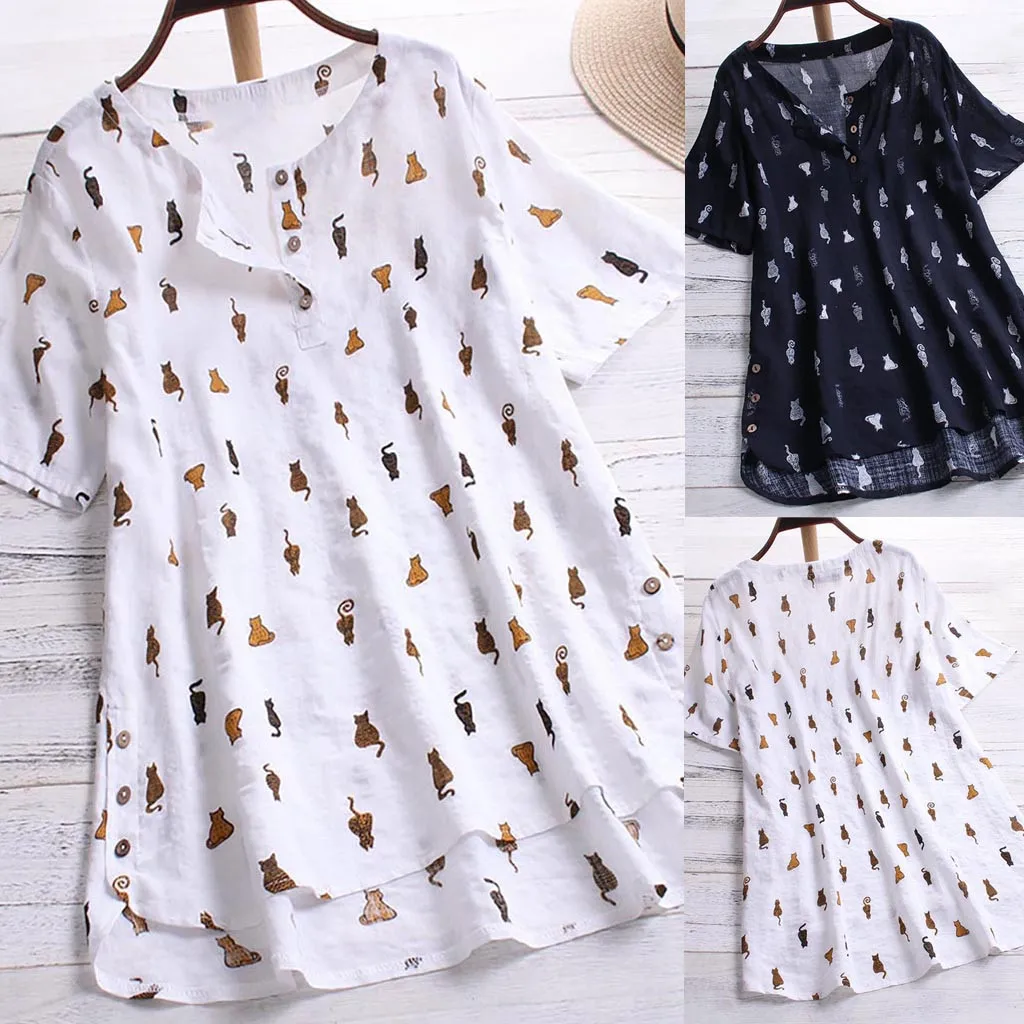 

Women Vintage V-Neck Casual Cat Print Button Plus Siz Top Blouse Shirt blusas mujer de moda 2019 #40
