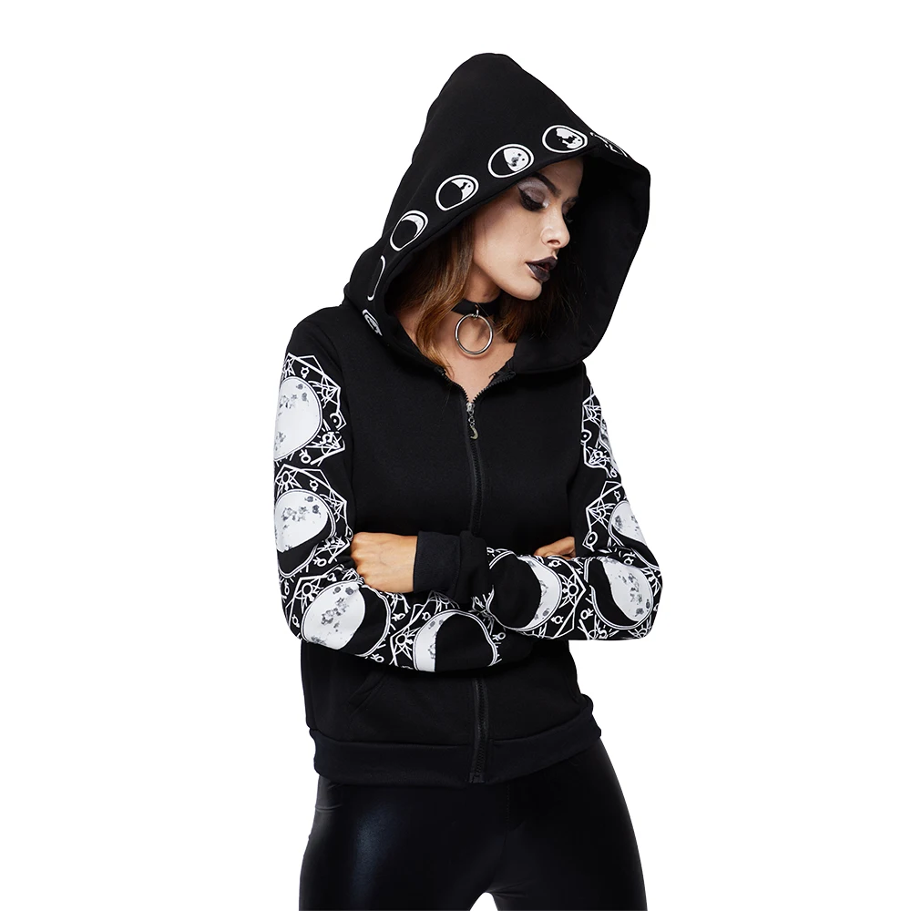Sisjuly Vintage Goth Black Hoodie Crescent Moon Pocket Hooded Hoodies Women Spring Pentacle Hallowe