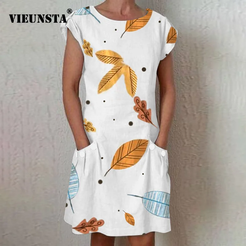 

VIEUNSTA Plus Size Cotton Linen Summer Dress Women Vintage Cat Print Pocket Dress Elegant O Neck Short Sleeve Sexy Party Dresses