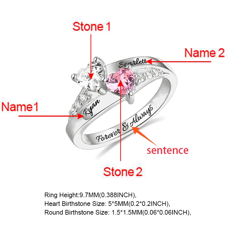 SG Personalized 925 Sterling Silver Rings Custom Heart Birthstone Ring With 2-5 Names Jewelry for women Mother day's Gift - Цвет основного камня: 2 heart silver