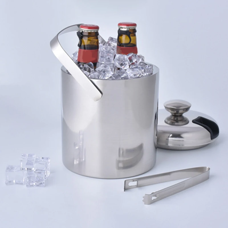 Ice Buckets with Stainless Steel Ice Tongs,Double Wall Ice Bucket with Lid,Silver Ice Wine Chiller for Bar Paties,Ice Buckets