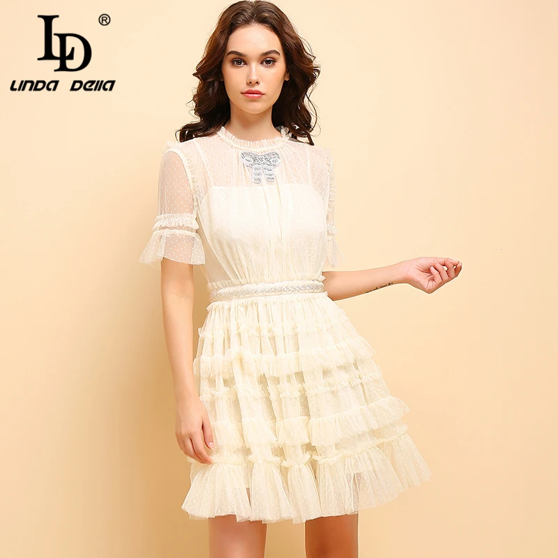 

LD LINDA DELLA Summer Fashion Apricot Dress Women's Casual Short Sleeve Mesh Overlay Beading Ruffle Elegant Party Cupcatke Dress