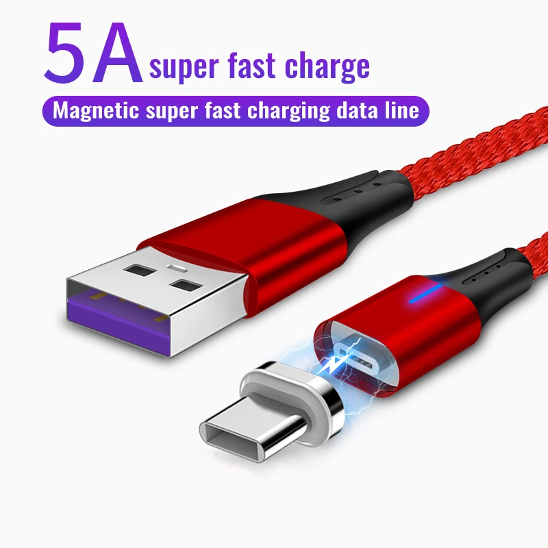 

5A Super Fast Charging Type C Magnetic Cable Nylon Braid USB-C Type-C Magnet Charger Cable For Huawei Mate 20 X P20 Pro