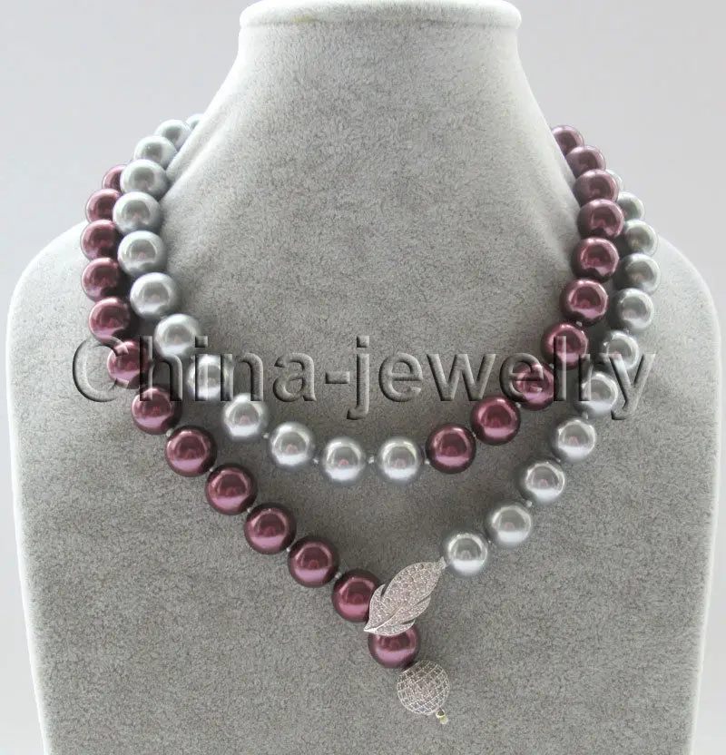 

Free shipping 32" 12mm gray + wine red perfect round south sea shell pearl necklace