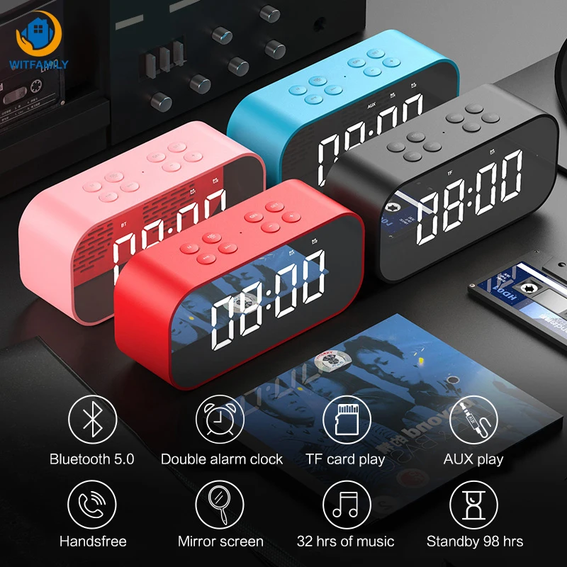 

Alarm clock with FM radio wireless bluetooth speaker support AUX TF USB music player mirror soonze table clock home decoration