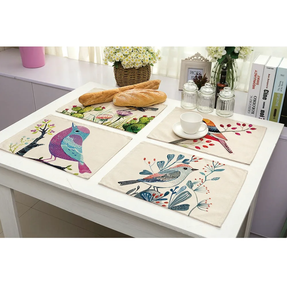 

42X32cm Table Napkins Beautiful Bird Printed Linen Dinner Table Napkins Coffee Towel Restaurant Table Decoration & Accessories