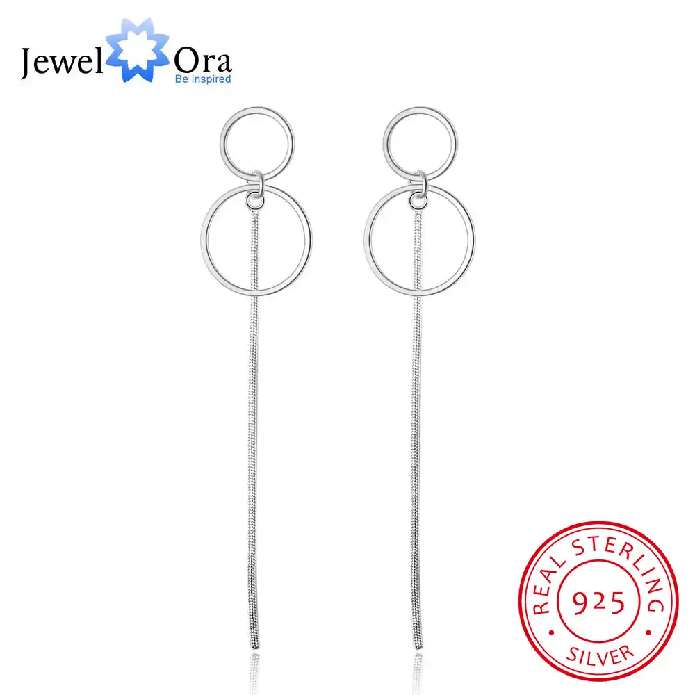 Long 925 Sterling Silver Circle Drop Earrings