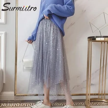 Surmiitro бархатная юбка из тюля со звездами для женщин осень зима Корейская миди длинная юбка с высокой талией Женская трапециевидная плиссированная школьная юбка