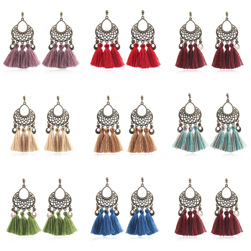 

8 Colors Openwork Flower Long Tassel Earrings for Women Bohemia Vintage Hand-woven Fringe Dangle Earrings 2019 New