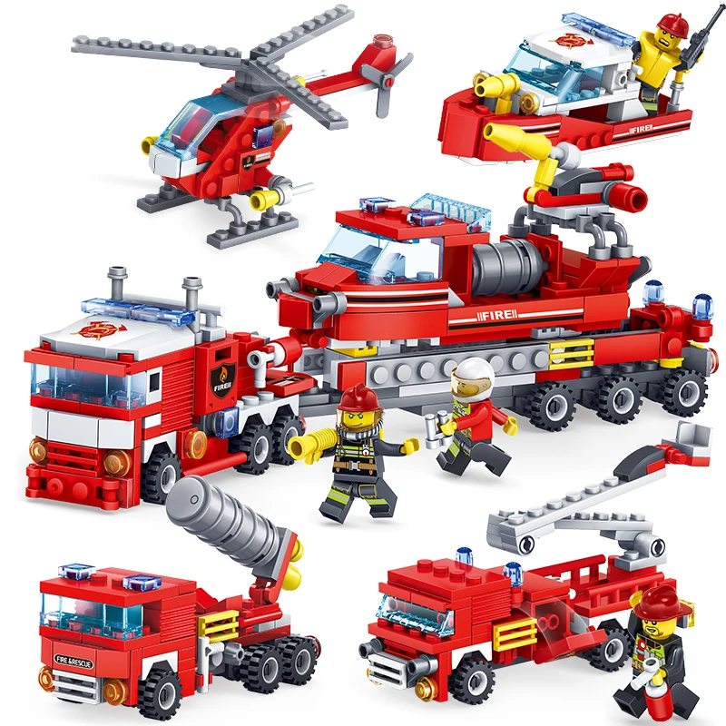 

348pcs Fire Fighting 4in1 Trucks Car Helicopter Boat Building Blocks Compatible legoingly city Firefighter figures children Toys