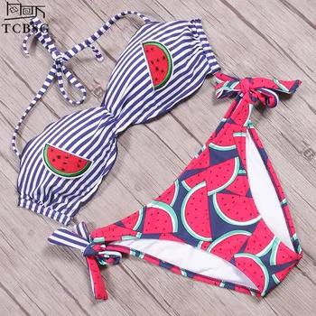 

TCBSG 2019 New Arrival Sexy Bikinis Women Swimsuit Push Up Embroidery Fruit Print Bikini Set Halter Retro Bathing Suit Swimwear