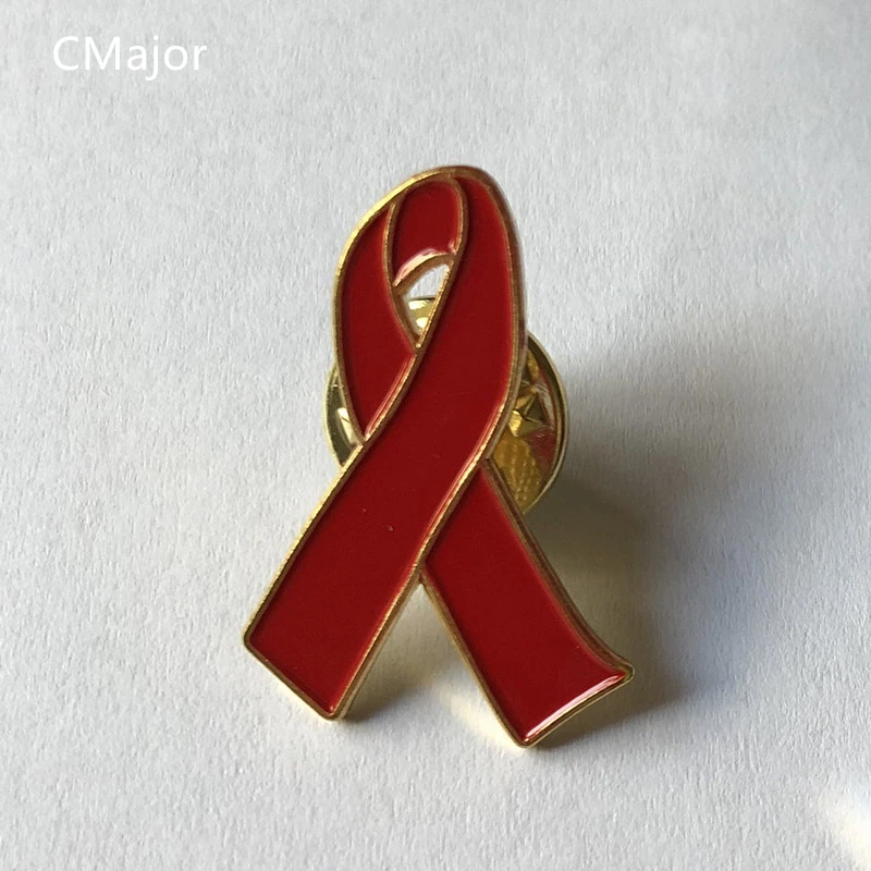

CMajor 2.5/3cm Enamel Red Ribbon Pin Badge Brooch For Women AIDS/HIV Cancer Awareness Transparent Plastic Gift Box 10pcs/lot
