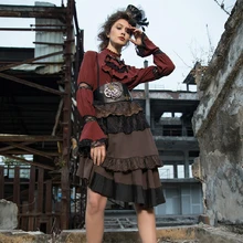 Женская короткая юбка стимпанк асимметричный дизайн ярусные оборки кружева пэчворк панк-юбка