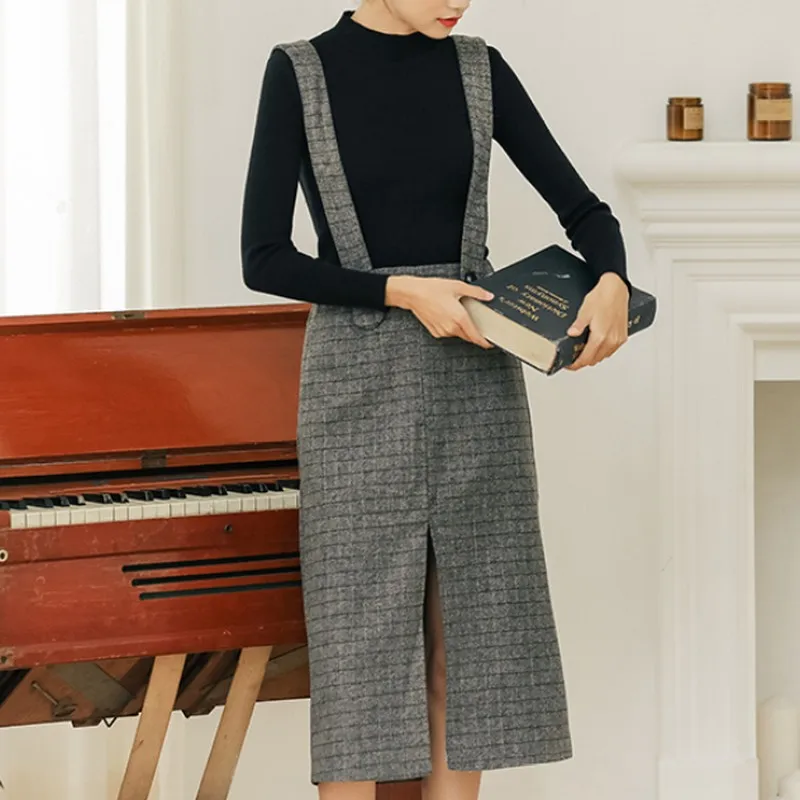 Клетчатая юбка на подтяжках, Женская осенне-зимняя Новая Винтажная юбка в английском стиле, прямые раздельные юбки, Женская мода