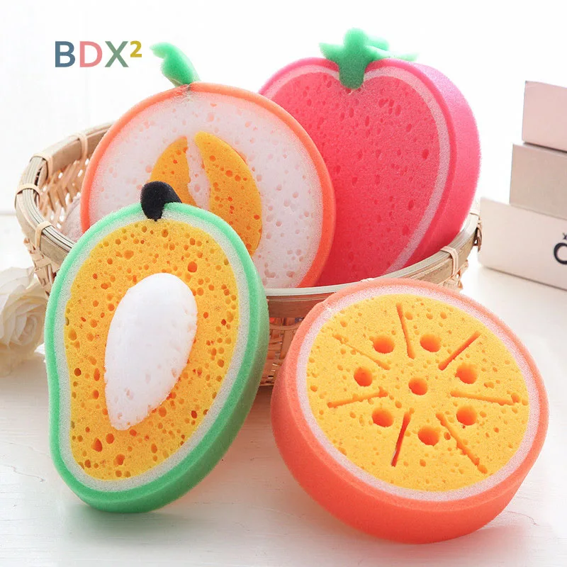 

1pcs Cute Fruit Shape Sponge Scouring Pad Cleaning Cloth Strong Remove Stains Thickened Sponge Kitchen Cleaning Tools Random