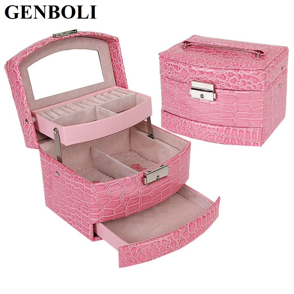 High Grade Jewelry Display Box Leather 3 Layers Ring Necklace Jewelry Carrying Case Crocodile Print Lady Gift Jewelry Packaging