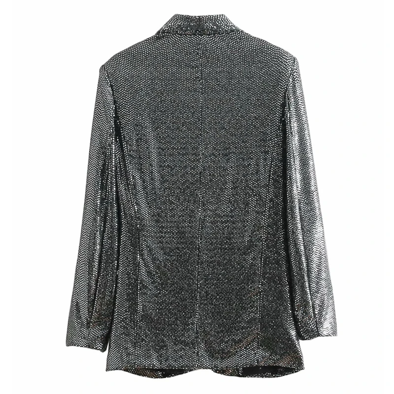 2019 New vintage Long Blazer Women Long Sleeve Silver Sequins Elegant Office Blazers Suit Spring autumn casual loose Coat Female
