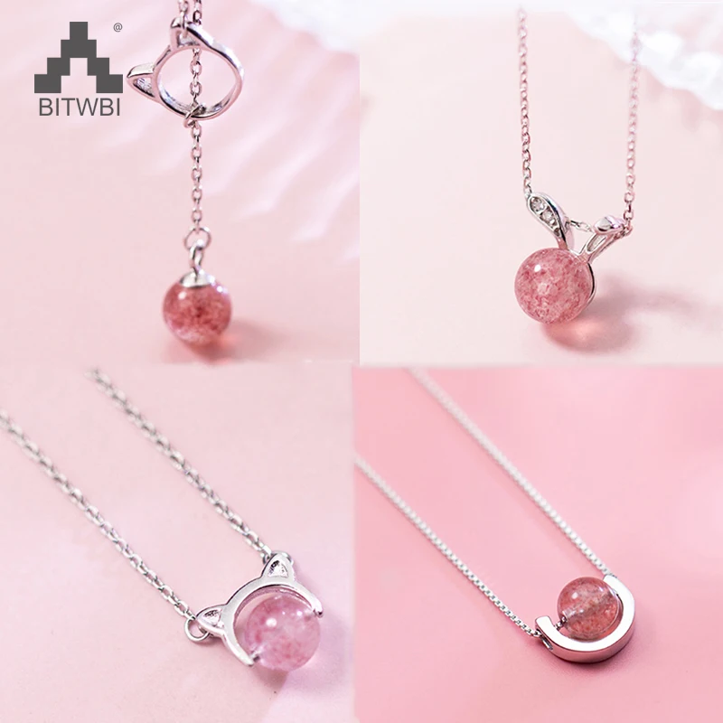 

High Quality Strawberry Crystal Pendant Necklace 925 Sterling Silver Fashion Cat Rabbit Short Necklaces Lovers Cute Gift