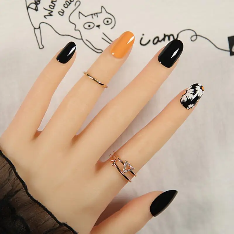 

24pcs/set Full Cover Artificial Finger Orange Black Fake Nails with Flower Designs Adhesive Tips False Fake Nails Tips with Glue
