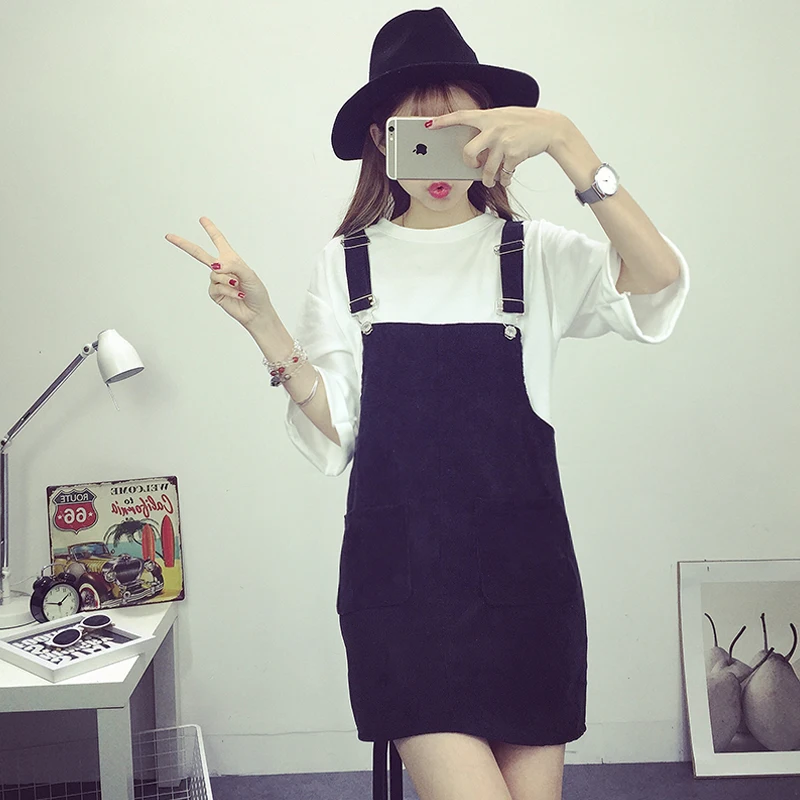 

Girl fashion dress corduroy overalls pockets straight leg dress vest Retro College wind