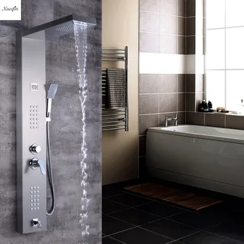 

Brushed Nickel Bathroom Rainfall Shower Panel Thermostatic Spout Shower Nozzle Column Mixer Tankless Massage Jet Shower Tower