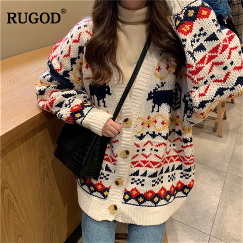 

RUGOD New Fashion Women Christmas Sweater V-Neck Casual Women Cardigans Knitted Thick Warm Winter Clothes sueter mujer