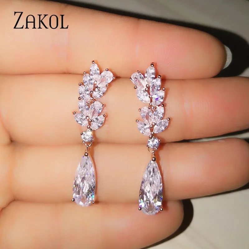 ZAKOL Sliver Color Flower Shape Zircon Water Drop Crystal Pendant Drop Earrings For Women Bridal Wedding Jewelry FSEP50L