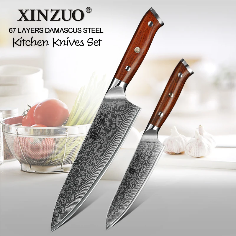 XINZUO 2 PCS Kitchen Knife Set Damascus Steel Chef Cutter Pro Utility Knives Stainless Steel Sharp Cutlery with Rosewood Handle