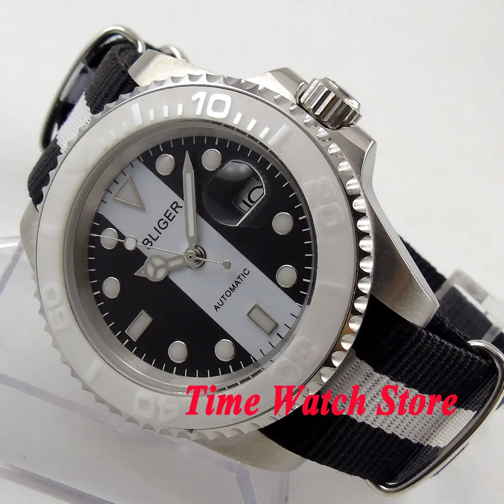 

Bliger 40mm black white dial white ceramic bezel Automatic movement watch 153