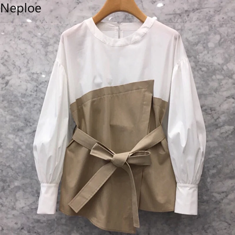 

Neploe Spring Women Top 2019 New Fashion Fake Two Piece Shirts Korean Loose O-Neck Long Sleeve Patchwork Slim Waist Blouse 43305