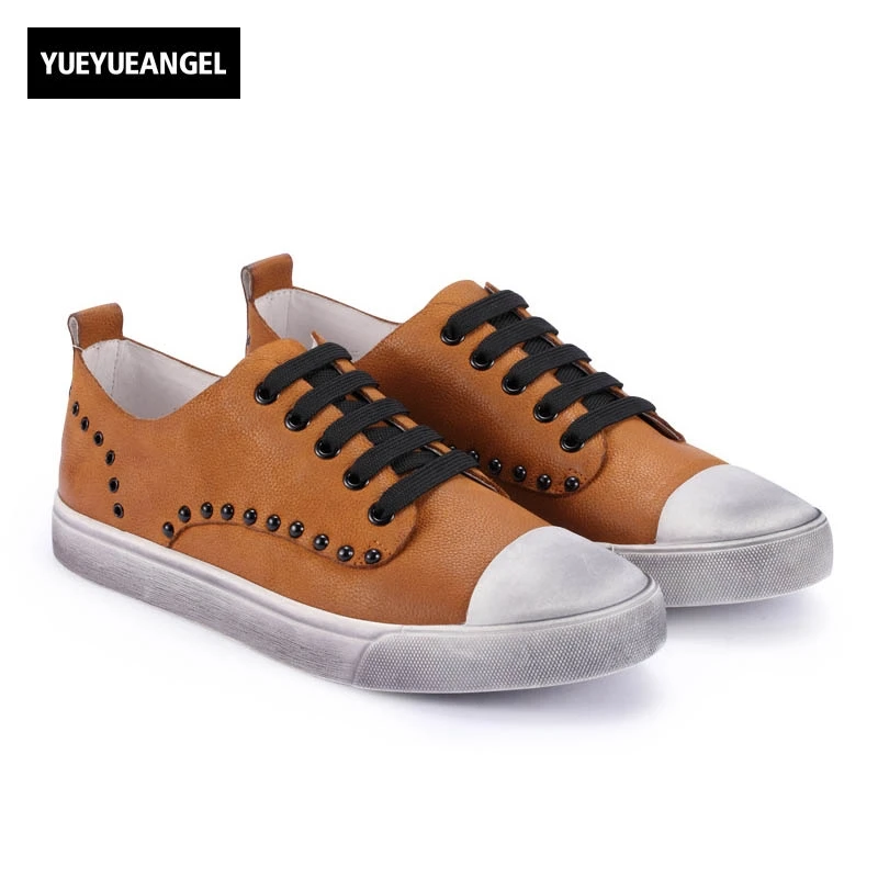 

England Style Retro New Fashion Men Lace Up Genuine Leather Cow Male Casual Shoes Breathable Sapatenis Masculinos Casual Yellow