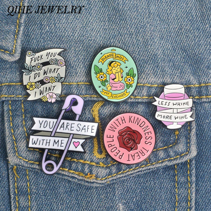 

QIHE JEWELRY Quote Pins Collection Feminist Girl Power Kindness Wine Lover Inspirational Lovely Enamel Pin Badges Brooches