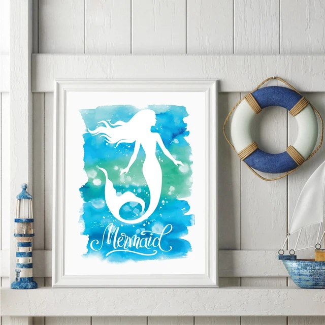 Watercolor Mermaid Wall Art Print Poster Hand Drawn Classical Character
