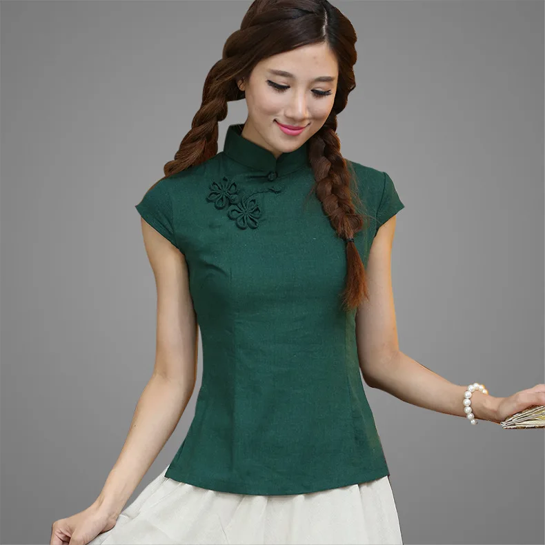 Шанхай история короткий рукав национальный тренд Qipao рубашка Китайский cheongsam Топ Традиционный китайский женский топ льняная блузка Топ - Цвет: Зеленый