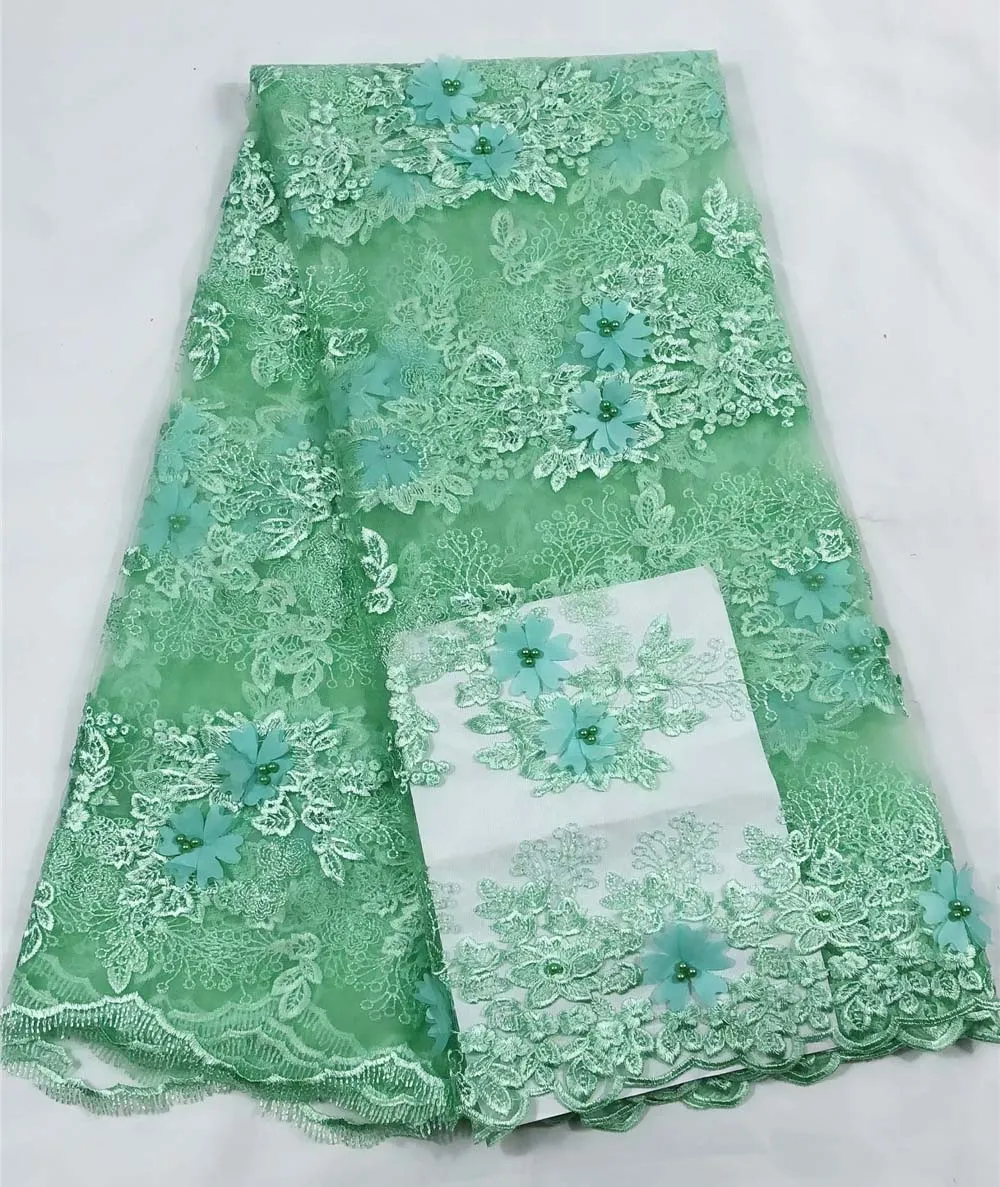 

Beautiful green 3D Lace Fabric With Beads 3D Flower Embroidered Lace Appliques French Tulle Lace Fabric 5 Yards For Dress