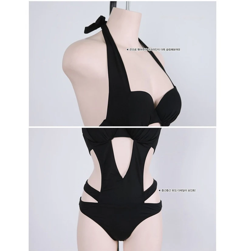 Sexy One Piece Swimsuit Black Halter Cut Out Bandage Trikini Swim Bathing Suit Monokini Push Up Brazilian Swimwear Women