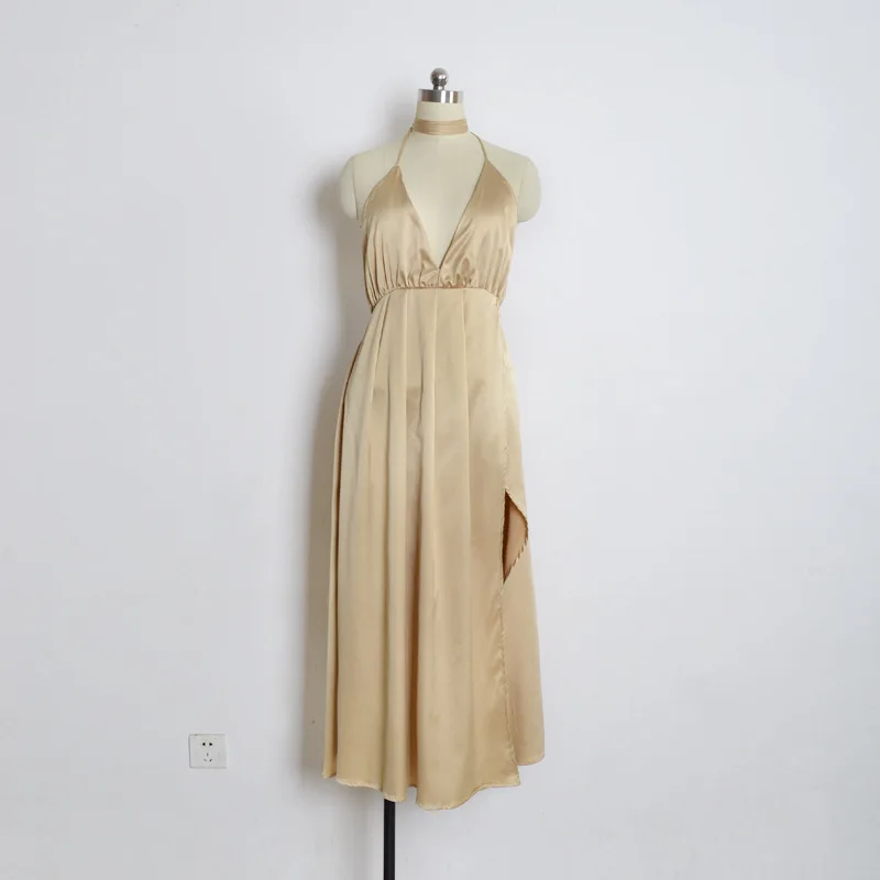 Женские летние платья, сексуальное пляжное Золотое Платье с v-образным вырезом, с открытой спиной, с разрезом, длинное женское однотонное элегантное платье для вечеринки