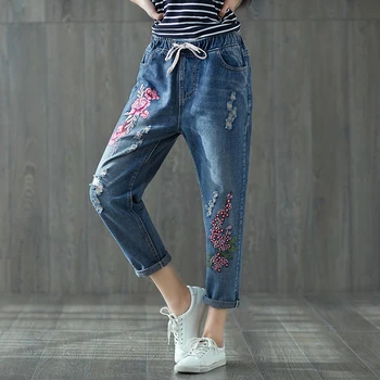 

Mori Girl Hippie Boho Harajuku Casual Baggy Embroidery Elastic Waist Cowboy Loose Denim Jeans Pants Ladies Trousers Women Capris