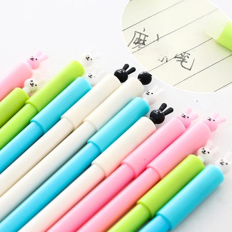 12pcs/lot Cute Kawaii Plastic Black Ink Gel Pen Cartoon Rabbit Erasable Pen For Kids Writing