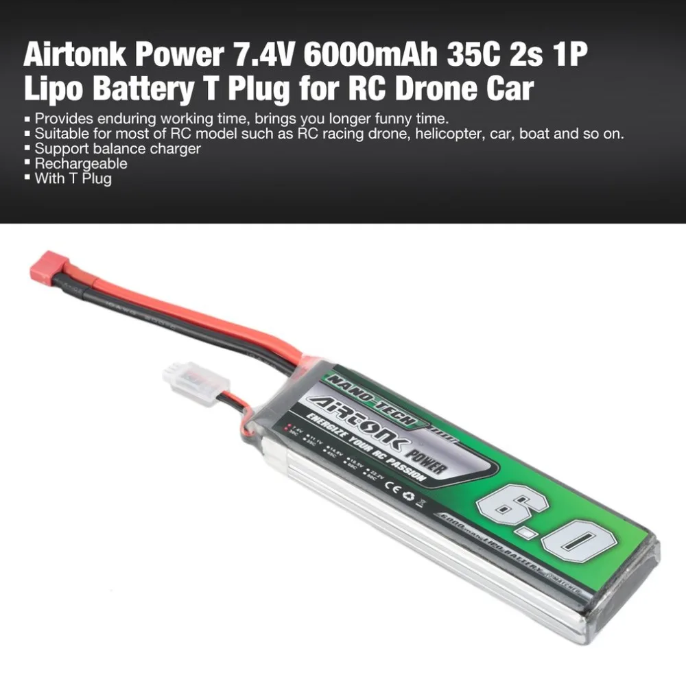Airtonk power 7 4 V 6000mAh 35C 2s 1P Lipo батарея T Plug перезаряжаемая для радиоуправляемого