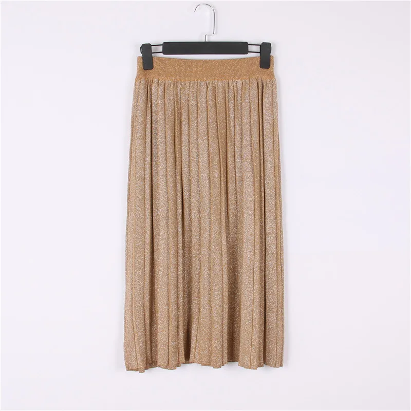 Женская трикотажная юбка с люрексом, с высокой талией, модная плиссированная юбка, Однотонная юбка, Осень-зима