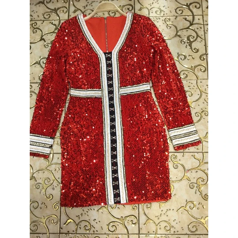 Chic Роскошные блесток платье autumnlong рукавом Клубные облегающее мини-платье Sexy V Средства ухода за кожей шеи знаменитости партия зимние платья vestidos