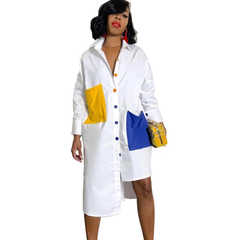 

Streetwear Oversized Shirt Dress Women Turn-down Collar Long Sleeve Pockets Patchwork Knee-length Loose Casual Button Down Dress